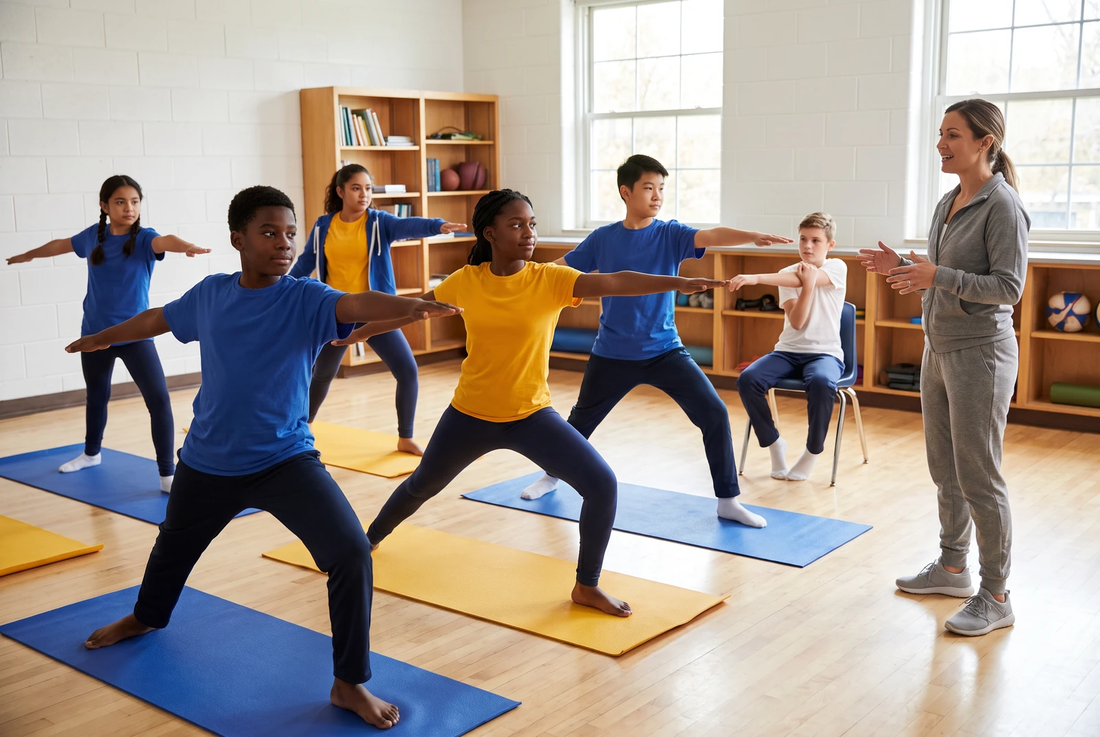 Illustrative diverse youth group practicing standing and chair-based yoga in a school activity room