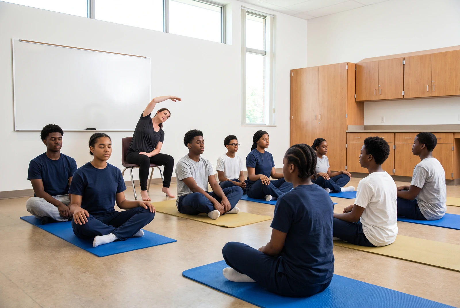 Illustrative youth group practicing mindful movement and comfortable breathing in a supervised facility activity room.