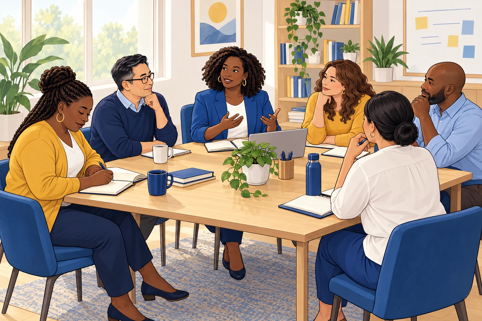 Illustration of diverse adult educators reflecting in notebooks and listening to peers during a leadership and self-awareness workshop.
