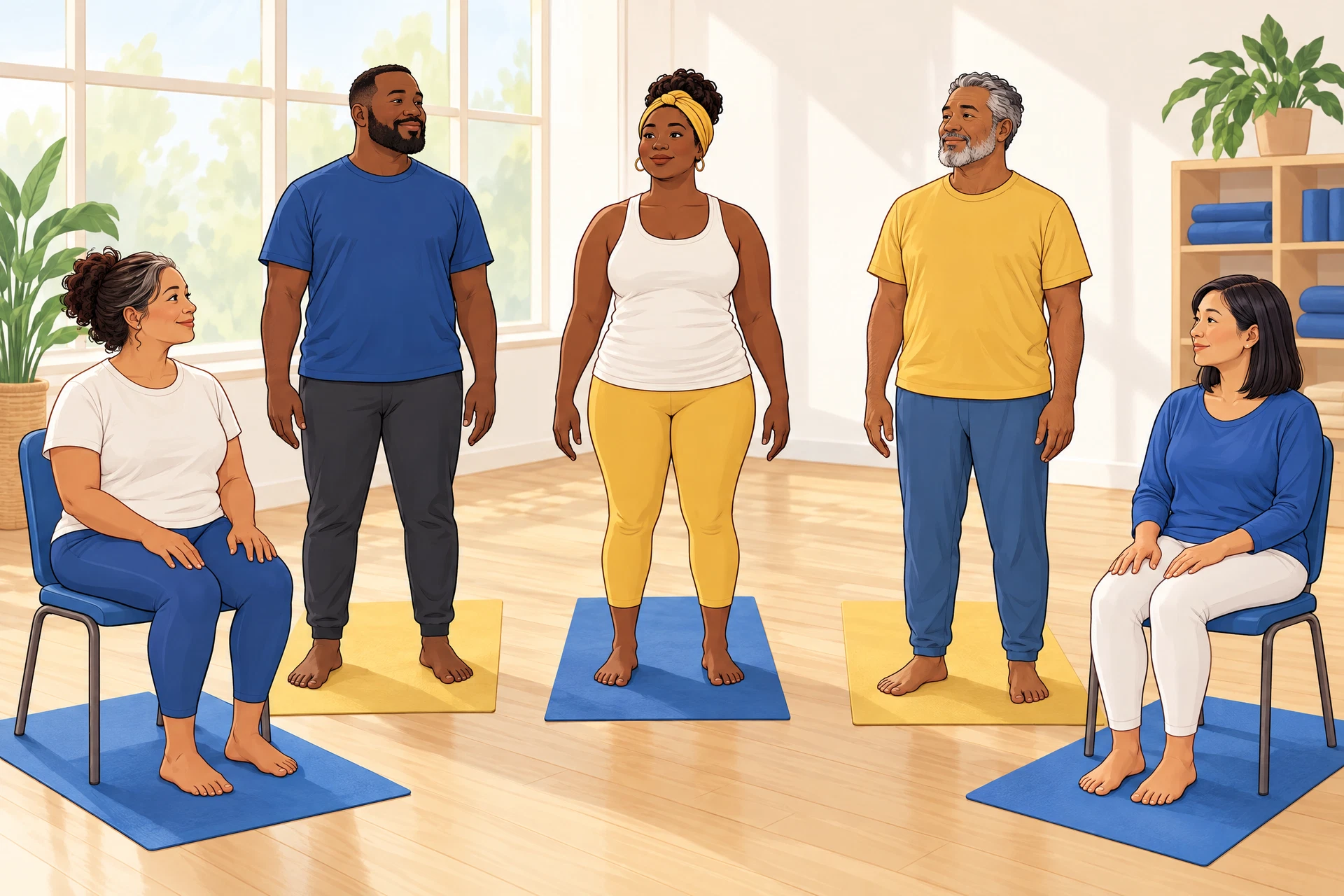 Illustration of diverse adults practicing accessible standing and chair-seated yoga with grounded feet and comfortable space between participants.