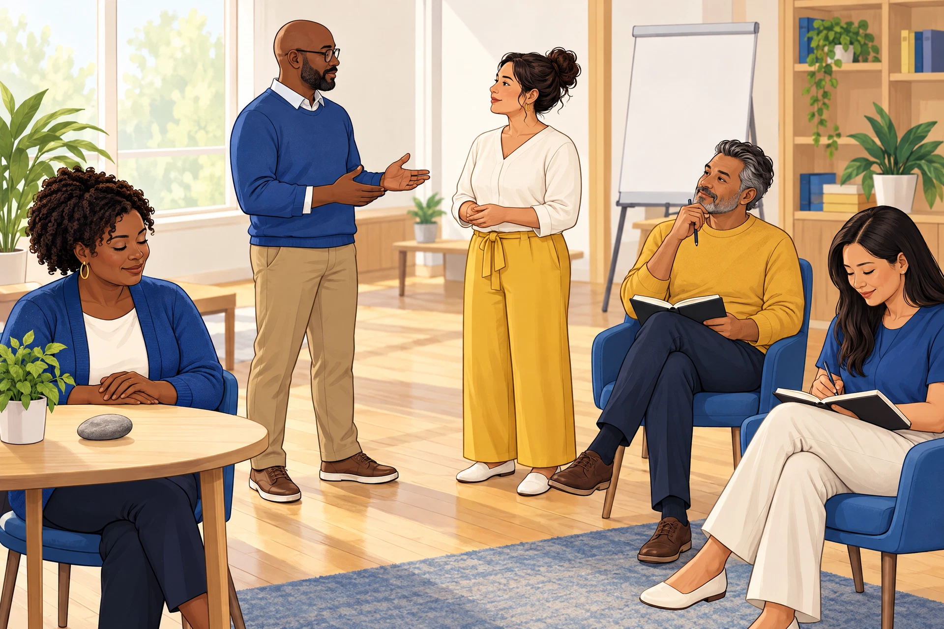 Illustration of diverse adults practicing a quiet pause, available choices, and respectful conversation in an adult CPR learning session—not medical CPR.