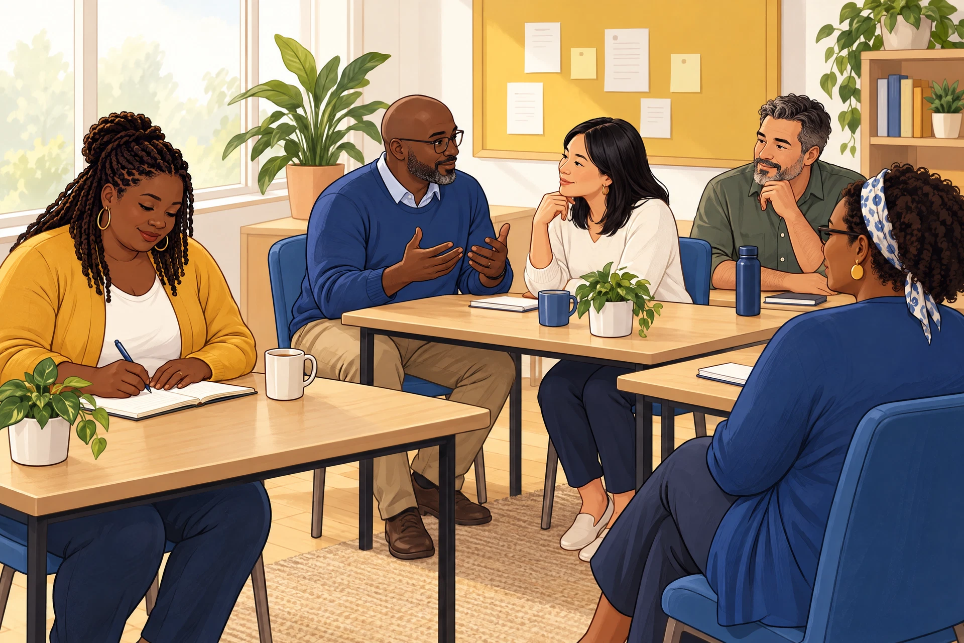 Illustration of diverse adult staff using notebooks, reflection, listening, and empathy practice in an educational SEL session.